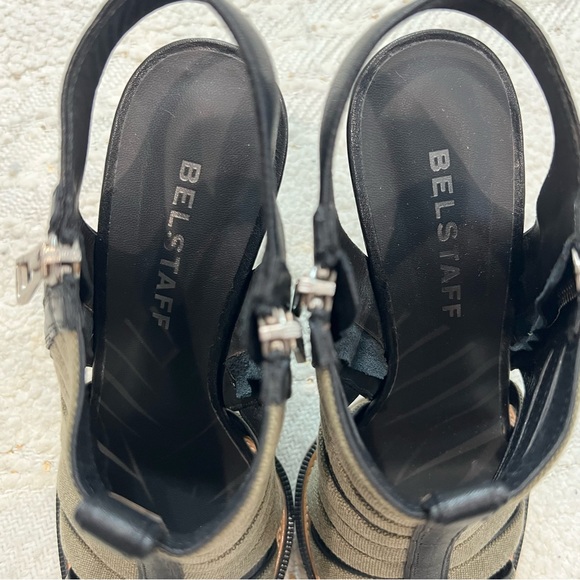 Belstaff Heels Black Leather/Green Canvas Peep Toe Caged Gladiator Sling Backs 8 - Picture 6 of 9